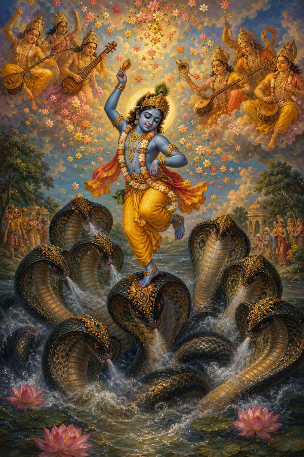 Rich painterly classical-Indian color illustration: the small blue Krishna dancing rhythmically upon Kaliya's many jewelled hoods, one tiny lotus-soft foot pressing down a hood; in the sky above, gandharvas, siddhas, devas, charanas and celestial women joyfully play the mridanga, dhol and nagara drums and sing, raining down flowers that float upon the black water; below, blood-mixed venom oozes from the serpent's mouths and nostrils as hoods bow one by one.