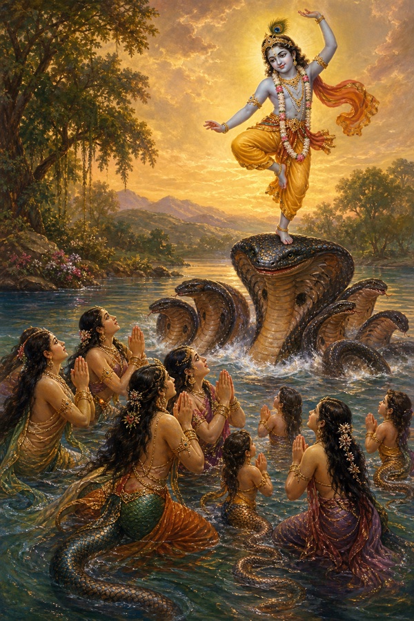Rich painterly classical-Indian color illustration: the Naga-wives (serpent queens with human upper bodies, dishevelled garments, ornaments askew and loosened braided hair from fear) rising from the pool, placing their small serpent-children in front of them, all prostrating together upon the water surface with palms joined in pleading prayer toward the dancing boy Krishna who stands above on the subdued, exhausted Kaliya's hood.