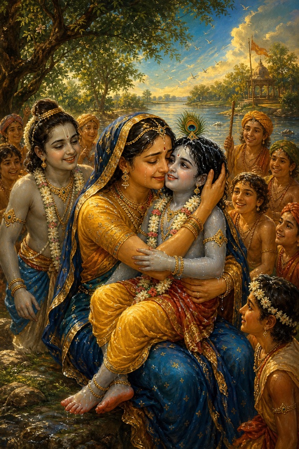 Rich painterly classical-Indian color illustration on the now-clear Yamuna bank: Krishna emerged from the pool, adorned with a divine garland, fragrant sandal, fine garments, a great gem and golden ornaments, his hair still wet and his soles reddened from the serpent's jewels; mother Yashoda, weeping with joy and tears of bliss falling from her eyes, lifts her beloved child into her lap and clasps him to her heart, with Balarama and the joyful cowherds gathered around.