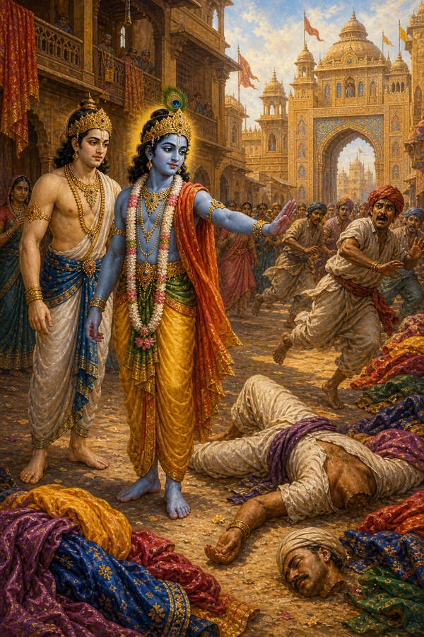 Rich painterly classical-Indian color illustration on a Mathura street: the blue-skinned youth Krishna and fair-skinned Balarama beside the king's washerman, whom Krishna has just struck dead with a flick of his open hand; the washerman's head fallen from his body, freshly dyed colorful garments scattered in the dust, his servants fleeing in panic, the jeweled crystal city gates and onlooking townsfolk in the background.