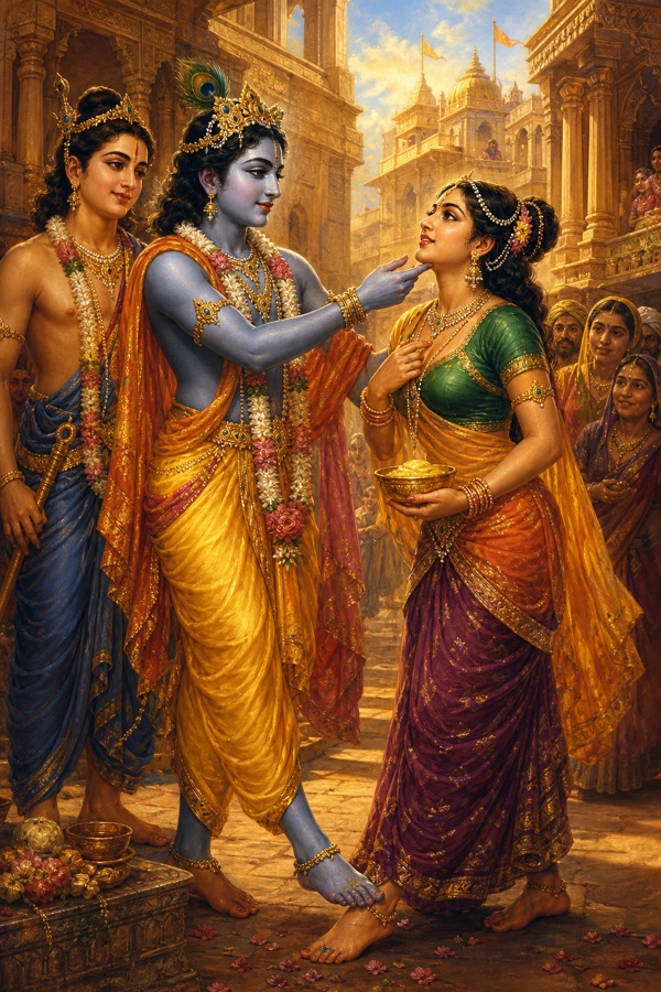 Rich painterly classical-Indian color illustration: dark-blue Krishna pressing the hunchbacked maidservant Trivakra's feet with his own feet while lifting her chin with two fingers, her thrice-bent body straightening into a beautiful young woman holding a bowl of fragrant sandal-paste; Balarama beside him, a Mathura lane setting, devotion and wonder on her glowing face.