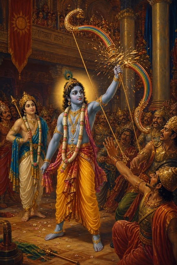 Rich painterly classical-Indian color illustration inside Kamsa's sacrificial bow-hall: blue Krishna effortlessly lifting the single giant rainbow-hued ceremonial bow in his left hand, stringing it and snapping it in two; jeweled ornaments on the bow, high guarded walls, startled soldiers, Balarama nearby.