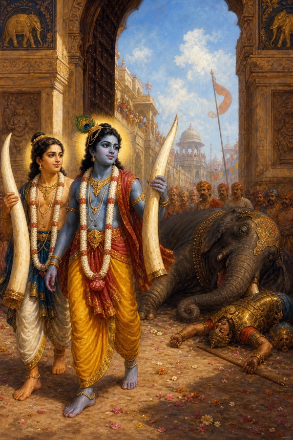Rich painterly classical-Indian color illustration at the arena gateway: blue Krishna having toppled the giant rut-maddened war-elephant Kuvalayapida, wrenching out its two tusks; the slain elephant and its fallen mahout in the dust, blood and ichor drops, Balarama beside; the two boys each shouldering a tusk.