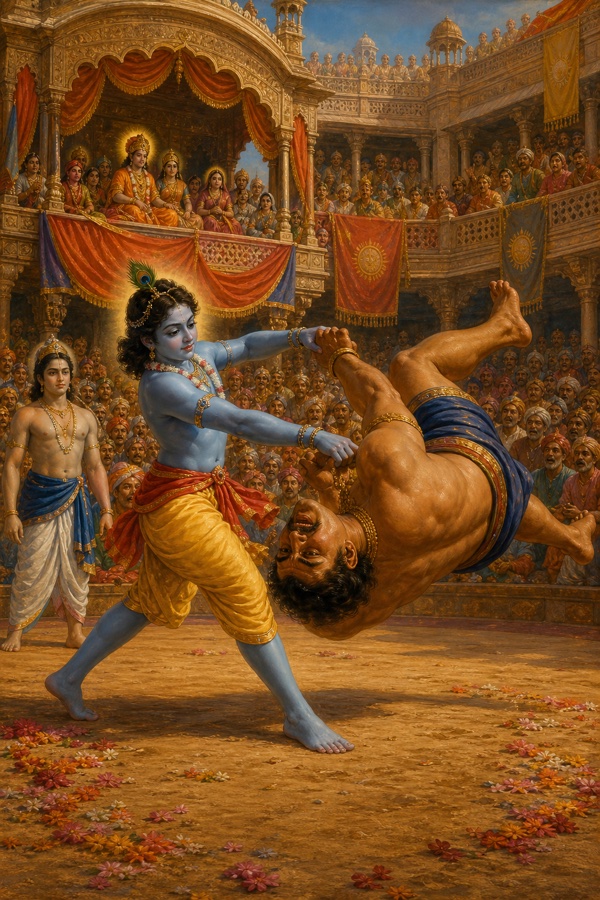 Rich painterly classical-Indian color illustration in the wrestling arena: blue Krishna gripping both arms of the mountainous wrestler Chanura, whirling him through the air and slamming him lifeless to the ground like a fallen Indra-banner; Balarama nearby, the towering rival wrestlers and a tiered crowd watching in alarm.