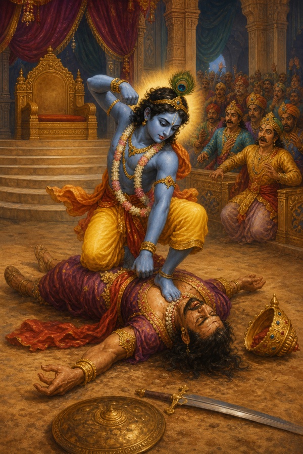 Rich painterly classical-Indian color illustration: blue Krishna having dragged Kamsa down by the hair from his high throne-platform into the arena dust, now leaping upon the tyrant's chest as Kamsa's life departs; the fallen crown rolling away, dropped shield and sword, the empty raised dais and shocked spectators behind.