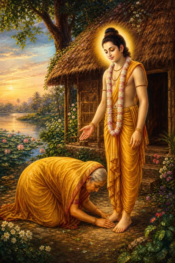 At the hermitage on the bank of Bindu-sarovara, the aged mother Devahuti bows and touches the feet of her young son the sage Kapila, an incarnation of the Lord; he stands serene and luminous while she reverently accepts him as her guru, the empty thatched kutiya of Kardama behind them, classical Indian color illustration.
