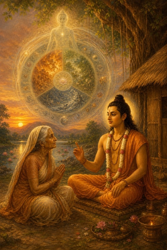 Seated facing each other on the calm Sarasvati riverbank, sage Kapila teaches his mother Devahuti the Samkhya: a glowing still witness-figure (Purusha, the soul) beside a turning many-colored wheel of moving Nature (Prakriti), the two principles from which all the seen world is made, rich painterly classical-Indian color art.