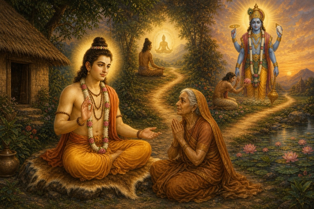 Kapila smiles gently and explains to Devahuti the two paths to liberation, jnana and bhakti: depict two converging luminous roads, one of inward knowledge (a meditating seeker watching the self) and one of devotion (offering folded at the feet of four-armed Sri Hari Vishnu), both meeting at one destination; mother listens raptly, classical Indian color illustration.