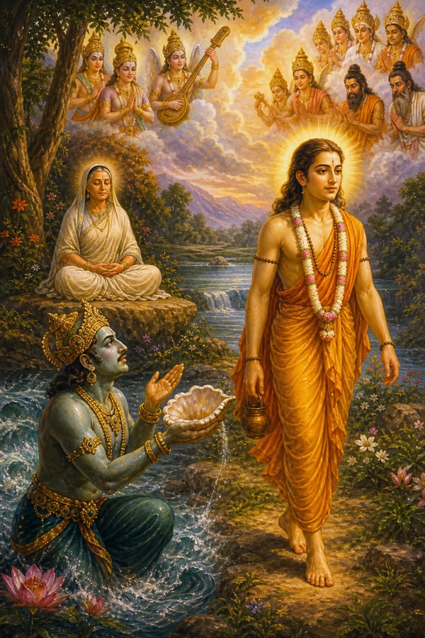 Having taught his mother, Kapila takes her leave and walks away from the hermitage toward the northeast (Ishana); Devahuti sits eyes-closed in meditation on the Sarasvati bank behind him while the personified ocean reverently worships Kapila and offers him a place, with siddhas, charanas and munis hovering in praise, luminous classical-Indian color illustration.