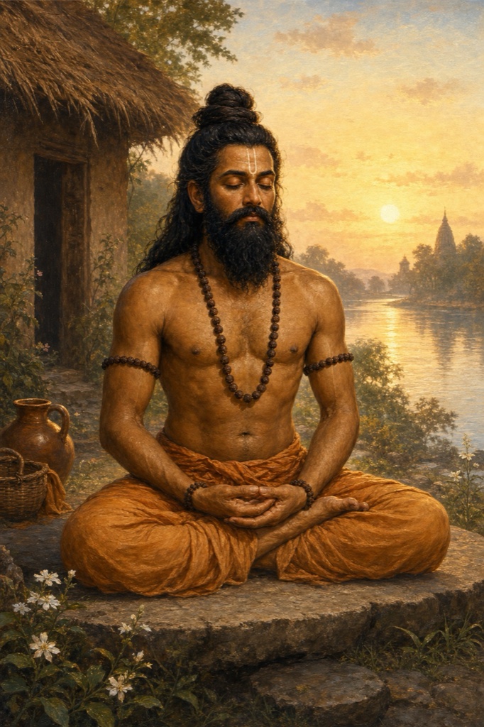 Rich painterly classical-Indian color illustration: the sage Kardama, lean and luminous with matted hair and a long beard, seated in deep meditation on a single stone seat before a humble thatched hut on the green bank of the river Sarasvati; cool dawn light, river mist, his eyes closed in penance, a scene conveying ten thousand years of unbroken tapas.