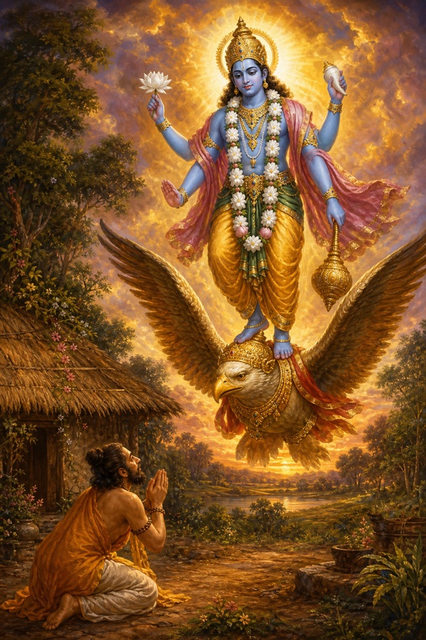 Rich painterly classical-Indian color illustration: Sri Hari (Vishnu) appearing radiant above Kardama's hut, blue-skinned with a garland of white lotuses and water-lilies and one white lotus held in play in his hand, his feet resting not on the ground but on the shoulders of the eagle Garuda; Kardama prostrate below with folded hands, the air glowing.