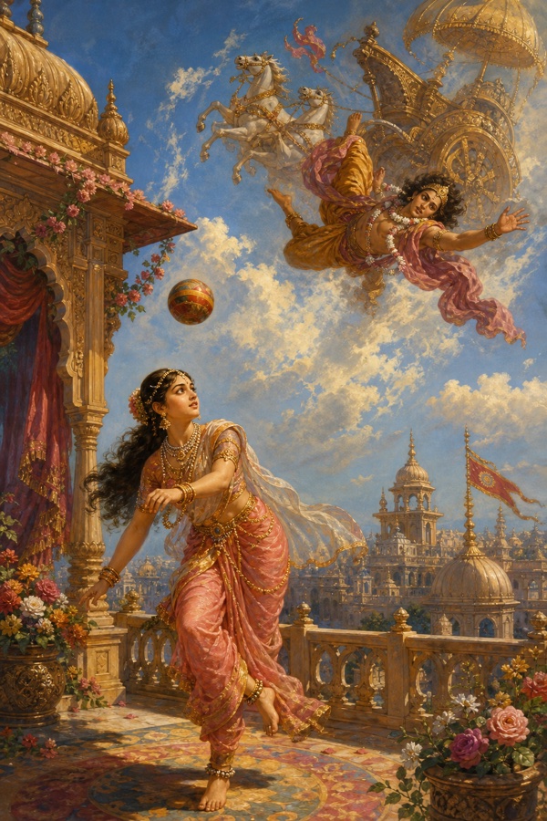 Rich painterly classical-Indian color illustration: the young princess Devahuti playing with a ball on the open terrace of her father's palace, golden anklets ringing on her feet, her eyes following the ball; high in the sky the gandharva Vishvavasu, swooning with enchantment, tumbling from his celestial chariot; ornate Indian palace rooftop, bright daytime sky.