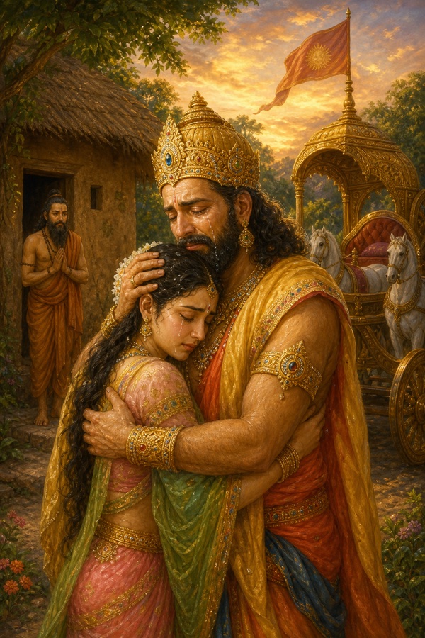 Rich painterly classical-Indian color illustration: emperor Svayambhuva Manu, crowned and regal, weeping as he clasps his daughter Devahuti to his chest in farewell, his tears wetting her hair; a golden chariot waiting nearby, Kardama's simple mud-walled hut in the background, an emotional parting scene.
