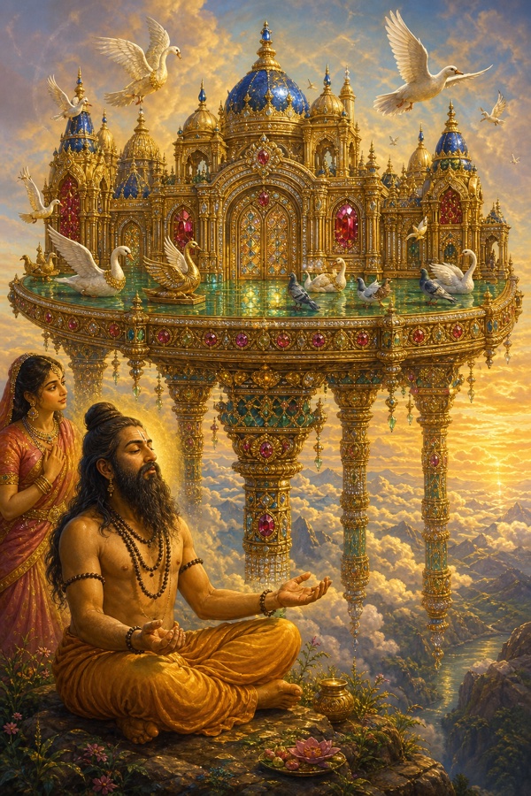Rich painterly classical-Indian color illustration: Kardama in yogic concentration conjuring a magnificent flying palace-vimana resting on jewelled pillars, with an emerald floor, diamond-paneled doors, golden domes topped with sapphire spires, walls inset with glowing rubies; lifelike artificial swans and pigeons so real that real swans perch beside them; opulent aerial palace.