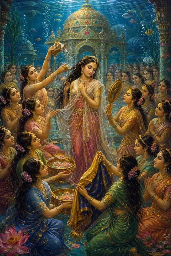 Rich painterly classical-Indian color illustration: an underwater palace inside the Bindu-sarovar lake where one thousand youthful maidens, lotus-fragrant, rise and bow with folded hands to greet Devahuti as their mistress; they bathe her in scented water, untangle her hair and dress her in two fresh garments, holding up a mirror; shimmering submerged jewelled hall.