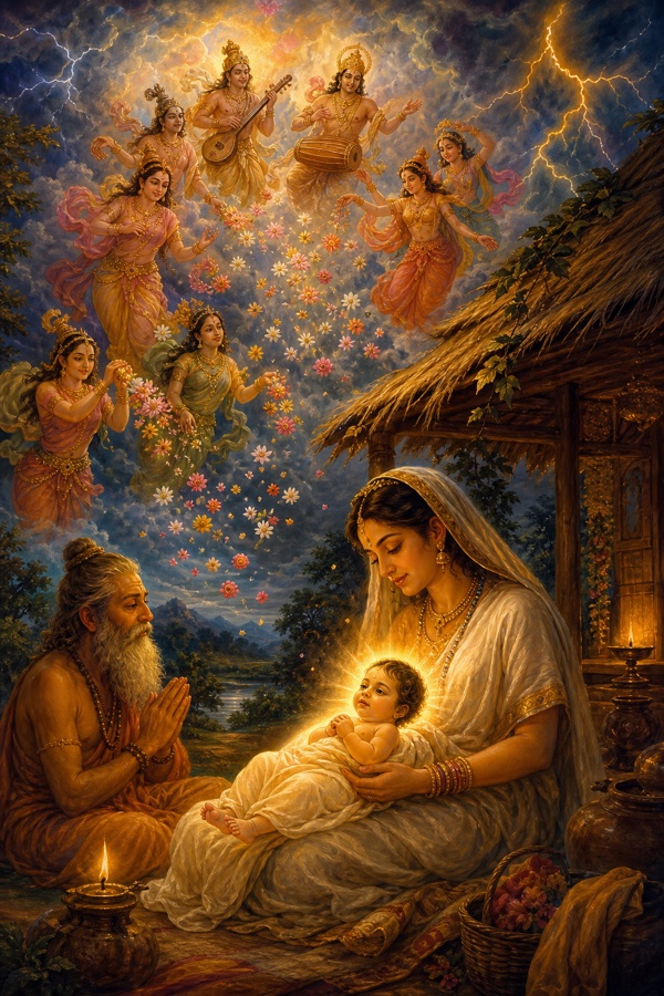 Rich painterly classical-Indian color illustration: the divine birth of the child Kapila to Devahuti; thunderclouds booming like drums, gandharvas singing, apsaras dancing in the sky, and a rain of celestial flowers falling; the radiant newborn Kapila, who is Sri Hari himself descended, glowing in the humble hermitage.