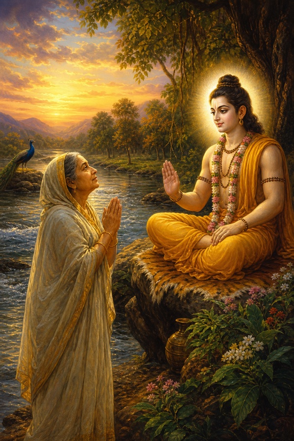 Rich painterly classical-Indian color illustration: the aged mother Devahuti standing before her grown son Kapila on the bank of the river Sarasvati, slowly raising and joining her two palms in reverence as a disciple before a guru; Kapila seated serene and luminous as the divine teacher; flowing river water beside them and a peacock in the distance, a tender devotional moment.