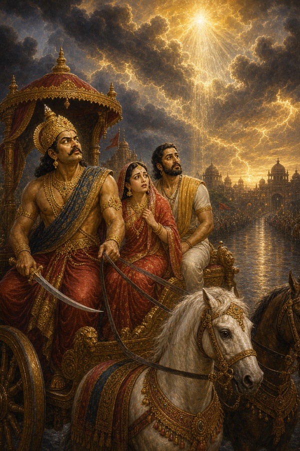 Rich painterly classical-Indian color illustration: on a Mathura road, King Kansa halts his ornate horse-drawn chariot as a glowing celestial voice (akashavani) descends from a storm-tinged sky; the reins slacken in his hand and his face turns from joy to dread, while his newly wed cousin-sister Devaki, in bridal red, sits beside her husband Vasudeva, the moment the omen is foretold.