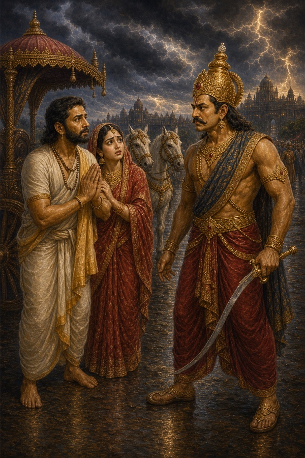Rich painterly classical-Indian color illustration: beside the chariot, noble Vasudeva with folded, pleading hands and earnest face vows to Kansa, shielding the trembling Devaki behind him; Kansa, sword half-drawn, hesitates and begins to lower the blade, his anger cooling into grim calculation, dramatic stormy dusk light.
