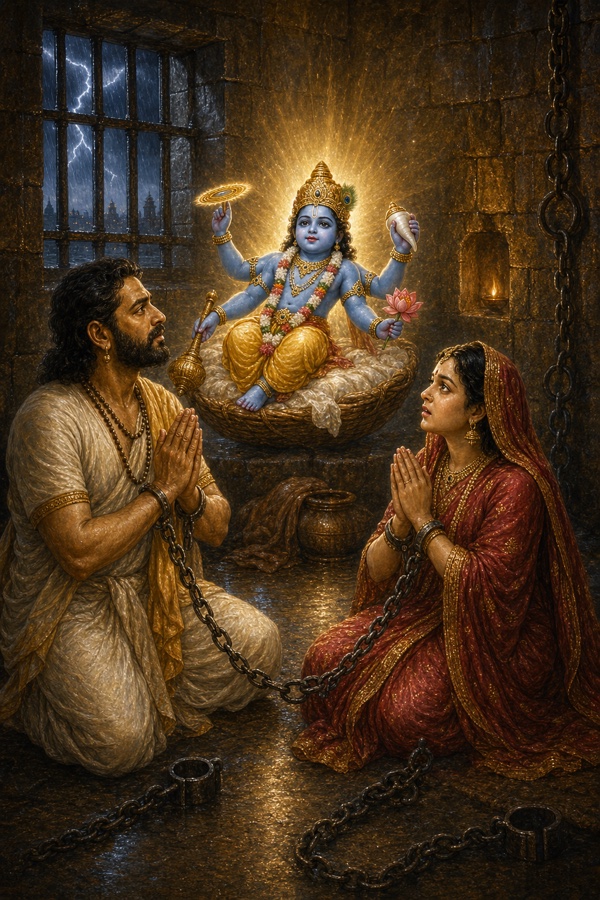 Rich painterly classical-Indian color illustration: inside a damp Mathura prison cell, the newborn reveals his true four-armed Vishnu form holding conch, discus, mace and lotus, radiating soft golden light that fills the chamber; chained Devaki and Vasudeva gaze in awe with folded hands, lightning glinting through a barred window in heavy rain.