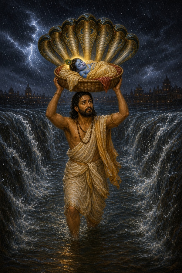 Rich painterly classical-Indian color illustration: in pouring midnight rain, Vasudeva walks through darkness balancing a winnowing basket (soop) on his head carrying the infant, while the many-hooded serpent Sheshanaga spreads its hoods like a canopy overhead to shield the child from the downpour, stormy sky and lightning behind.