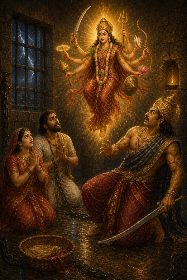 Rich painterly classical-Indian color illustration: in the lamplit prison, the baby girl slips from Kansa's raised hands and rises into the air, transforming midair into the eight-armed goddess Yogamaya, each hand bearing a gleaming weapon; a shocked, frozen Kansa with sword recoils below as weeping Devaki and Vasudeva watch from their chains.