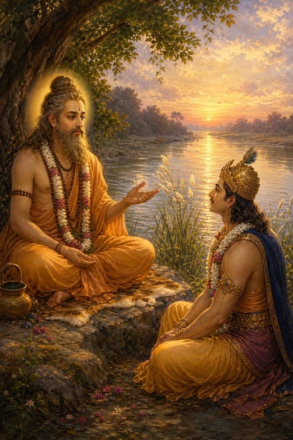 Painterly classical-Indian color scene on the gentle morning bank of the Ganga: the aged sage Shukadeva, fair-skinned and serene with matted hair, seated and speaking softly to the listening King Parikshit who sits cross-legged before him; the slow river flowing beside them, soft dawn light on the water, riverside reeds; warm devotional tone framing the telling of Kunti's prayer.