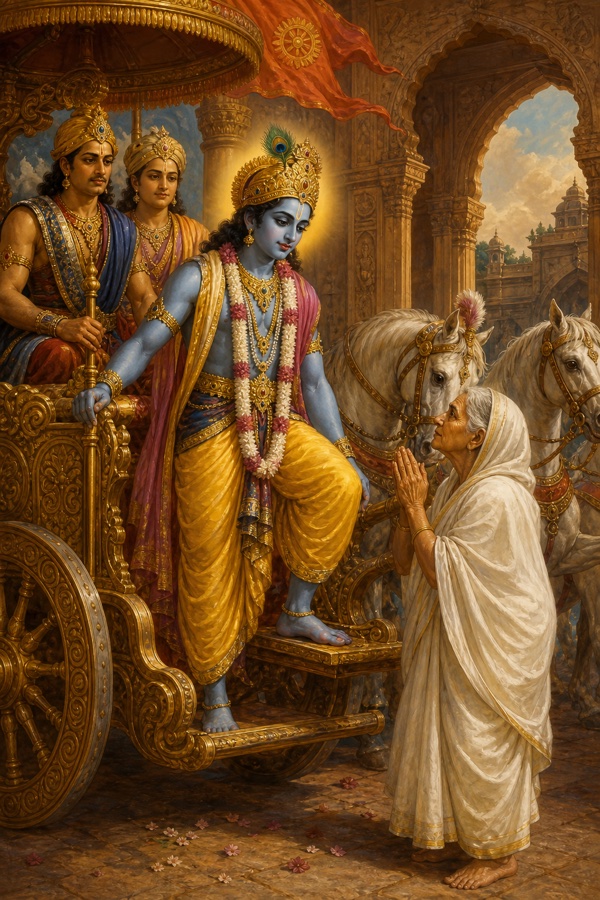 Rich classical-Indian color illustration: blue-complexioned Krishna in yellow silk dhoti and peacock-feather crown, about to step up onto his ornate horse-drawn chariot, halted; the elderly widow Kunti in plain white garments standing before him with palms joined in anjali, stopping him; the chariot with Satyaki and Uddhava nearby, Hastinapura palace gateway in the background, devotional reverent mood.