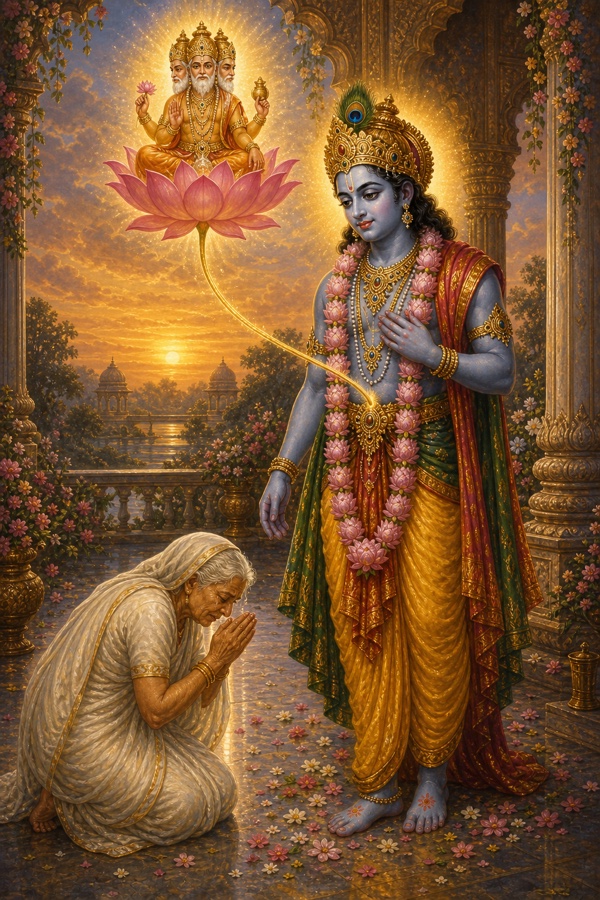 Devotional classical-Indian color painting: Kunti in white, hands folded, bowing repeatedly before standing blue Krishna; Krishna shown with large lotus-shaped eyes, wearing a beautiful garland of lotuses, with a faint radiant lotus rising from his navel bearing four-faced Brahma upon it, and lotus marks visible on his feet; golden glow, flowers, reverent atmosphere.