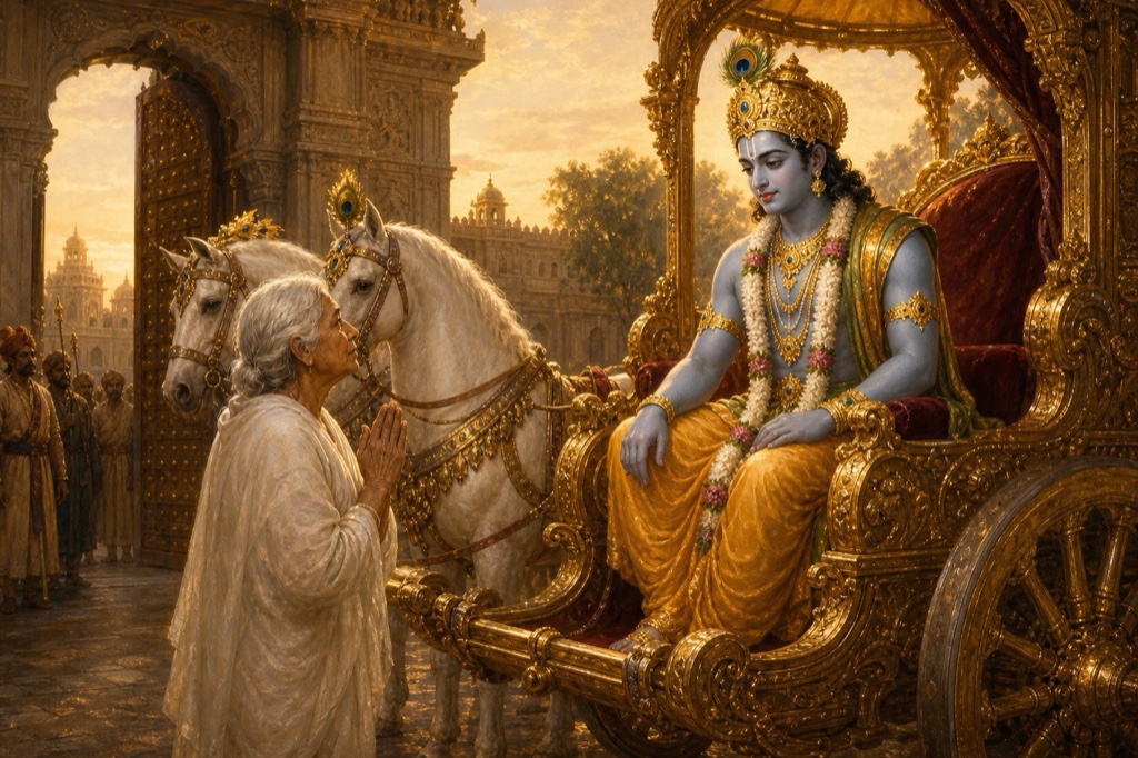 Tender classical-Indian color scene: blue-complexioned Krishna, lord of Vaikuntha, seated on his chariot with a gentle faint smile, gazing kindly at the white-clad Kunti who stands with joined palms having finished her praise; soft enchanting glow of his maya around them, Hastinapura backdrop, horses harnessed, quiet emotional farewell mood.