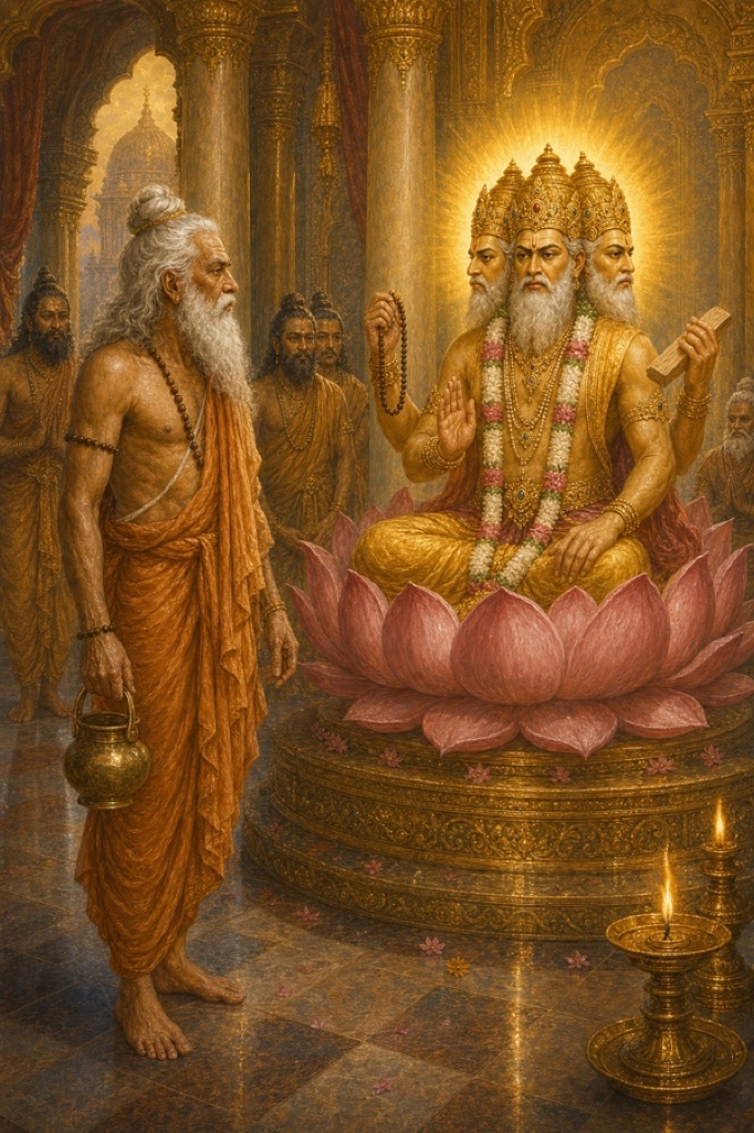 Rich painterly classical Indian color illustration: the sage Bhrigu, a calm bearded rishi, stands silent in the radiant assembly hall of his father Brahma, the four-headed creator god seated on a lotus throne glowing with inner heat as he restrains rising anger; Bhrigu pointedly offers neither bow nor praise; warm golden palace light.
