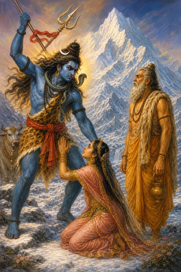 Rich painterly classical Indian color illustration on snowy Mount Kailasa: blue-skinned Shiva, eyes blazing with fury, raises his trident to strike the sage Bhrigu, but goddess Sati (Parvati) falls at Shiva's feet pleading to calm his wrath; Bhrigu stands unflinching; icy white peaks and crescent moon in Shiva's hair.