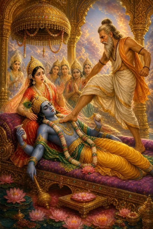 Rich painterly classical Indian color illustration in Vaikuntha: four-armed dark-blue Vishnu reclining with his head in Lakshmi's lap on a jeweled couch, as the sage Bhrigu steps forward and plants a hard kick squarely on Vishnu's chest; Lakshmi startled, opulent golden celestial hall, lotuses and divine attendants.