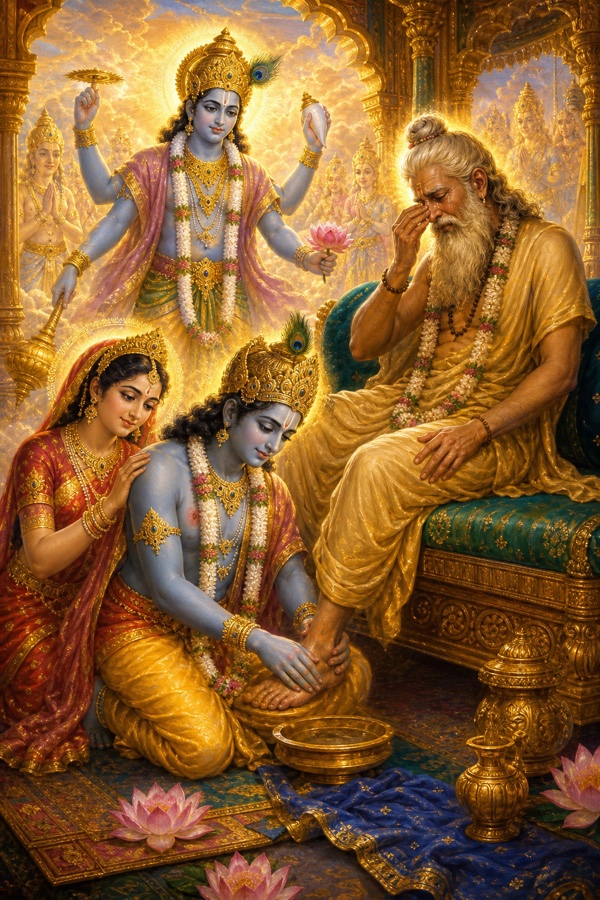 Rich painterly classical Indian color illustration: four-armed Vishnu risen from his couch, bowing humbly and tenderly massaging the soft feet of the sage Bhrigu with his own hands, apologizing; Lakshmi beside him, Bhrigu moved to tears of devotion; serene golden Vaikuntha light, mark of the kick on Vishnu's chest.