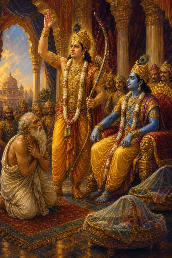 Rich painterly classical Indian color illustration in Dwarka's royal court: warrior Arjuna with his Gandiva bow vows aloud to protect the grieving brahmin's children, raising his hand in oath; dark-blue Krishna seated nearby; the sorrowful old brahmin clutching grief, skeptical; richly decorated pillared hall.