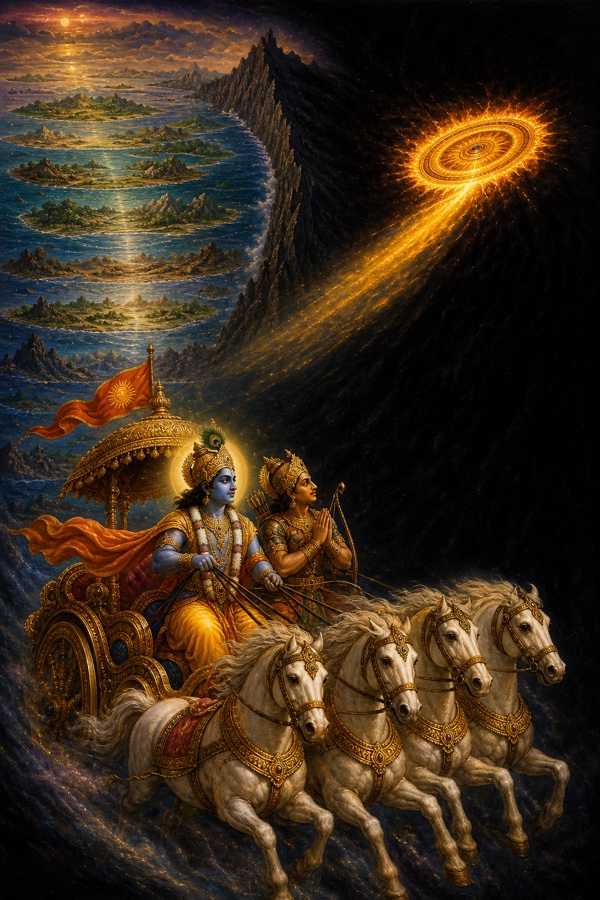 Rich painterly classical Indian color illustration: Krishna and Arjuna ride a celestial chariot drawn by four horses westward, crossing seven island-continents, seven oceans and the great Lokaloka mountain into total darkness; ahead the blazing thousand-sun Sudarshana discus cuts a path of light through the black void.