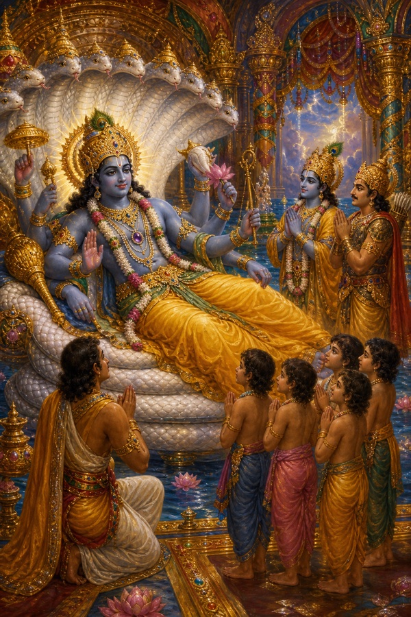 Rich painterly classical Indian color illustration of the supreme Bhuma-Purusha: the vast eight-armed dark cloud-blue Maha-Vishnu in yellow silk, crowned and jeweled with Kaustubha gem and Shrivatsa mark, reclining on the white thousand-headed serpent Shesha amid a jeweled-pillared palace in luminous cosmic waters, smiling as Krishna and Arjuna stand with folded hands; the recovered brahmin children present.