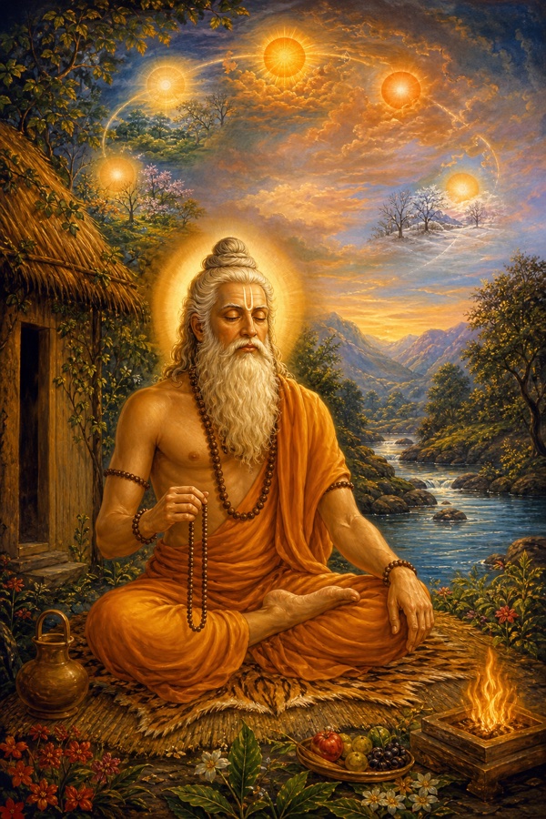 Sage Markandeya seated unmoving in deep tapas on a single asana outside his forest hermitage by a river, telling beads and silently remembering Sri Hari, his ageless body radiant; in painterly classical-Indian color, six world-ages suggested faintly passing as cycling suns and seasons behind him.