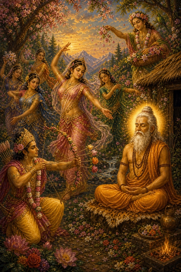Indra's sent temptation troupe assailing the meditating Markandeya: lovely apsaras led by Punjikasthali dancing, Spring (Vasanta) spreading blossoming abundance, and Kamadeva drawing his bow with five flower-arrows; the ascetic utterly unmoved and glowing with tapas-heat, in vivid classical-Indian color.