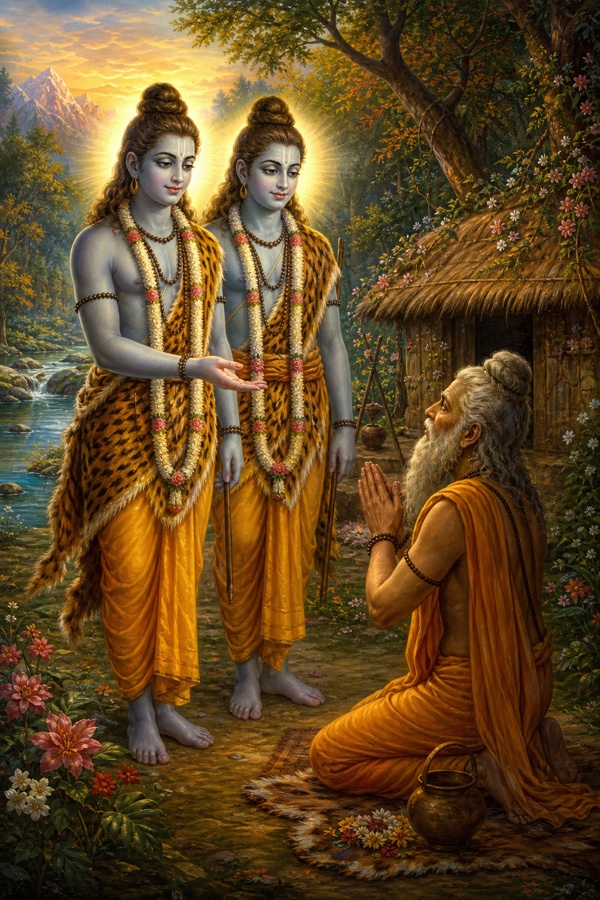 The Lord appearing before kneeling Markandeya as the twin sages Nara and Narayana, two serene divine ascetics in matted hair and tigerskin offering a boon; Markandeya with joined palms, his hermitage behind, in luminous painterly classical-Indian color.