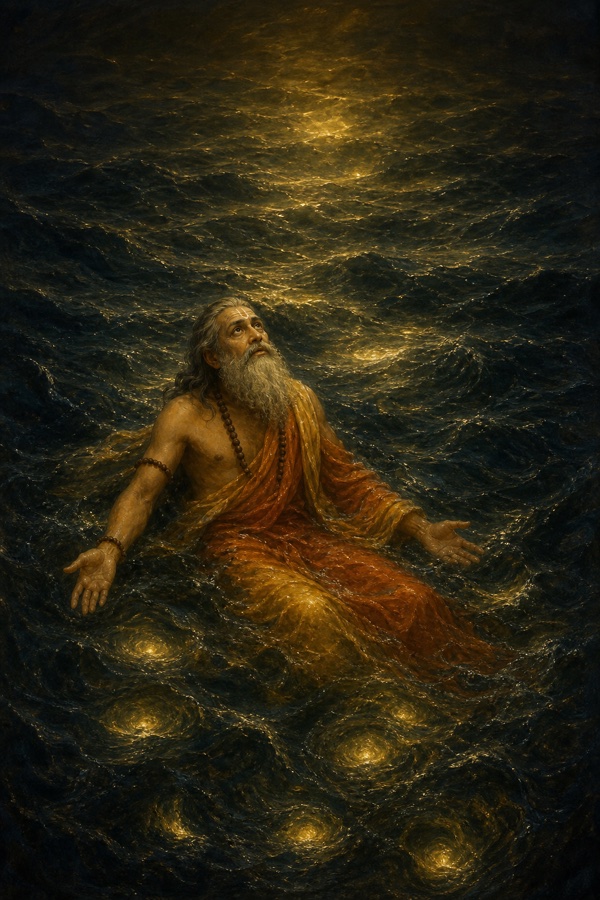 Markandeya alone in the boundless waters of cosmic dissolution (pralaya): a fathomless dark ocean with no shore, no sky, no sun, moon, or star, only a dim murky glow rising from within the water itself; the small lone sage adrift, in moody painterly classical-Indian color.