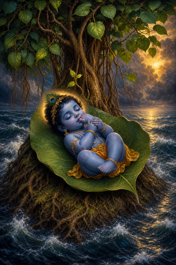 On a raised mound in the endless pralaya ocean, a small banyan tree with a tender leaf cupped like a bowl, and upon it the divine infant lying asleep, dark as a sapphire and cloud-hued, radiant, sucking one lotus-foot held in his two tiny hands, a faint smile on coral lips; in radiant painterly classical-Indian color.