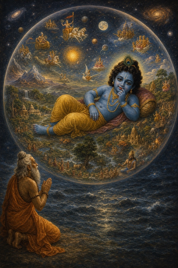 Drawn in by the infant's inward breath, Markandeya beholds the whole universe within the child's body, the sky, sun, moon and stars, standing mountains, flowing rivers, cities and villages, men, gods on their vimanas, and even himself seated in meditation by the water; a cosmic-form vision in luminous painterly classical-Indian color.