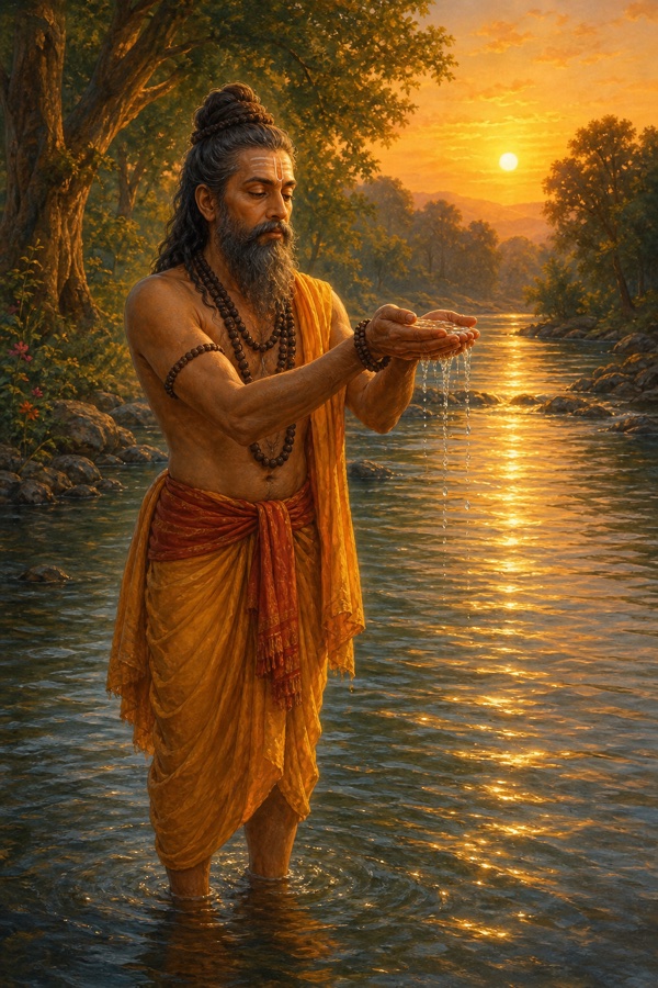 Painterly classical-Indian color scene: the ascetic king-sage Satyavrata, lean and serene with matted hair and rudraksha, standing calf-deep in the cool Kritamala river at dawn, both palms cupped together offering a trembling handful of water (tarpana) as droplets slip from his fingers, golden sunrise light on the rippling stream, forest banks behind.
