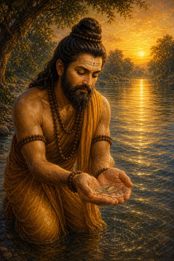 Painterly classical-Indian color scene: Satyavrata's open cupped palm holding river water with one tiny fish, no bigger than a fingertip, flickering and pleading; the king pauses mid-gesture, head bowed in tender attention, eyes soft, sunlight glinting on the water in his hand at the river's edge.