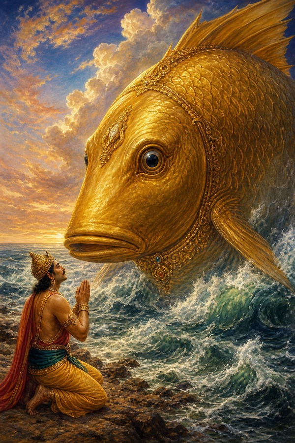 Painterly classical-Indian color scene: an enormous golden fish (mahamatsya) filling the vast salt sea to the horizon, its body so huge it touches the sky; on the shore Satyavrata kneels on both knees with palms joined in reverence, recognizing it as Lord Shri Hari, awe on his face, churning waves around the colossal form.