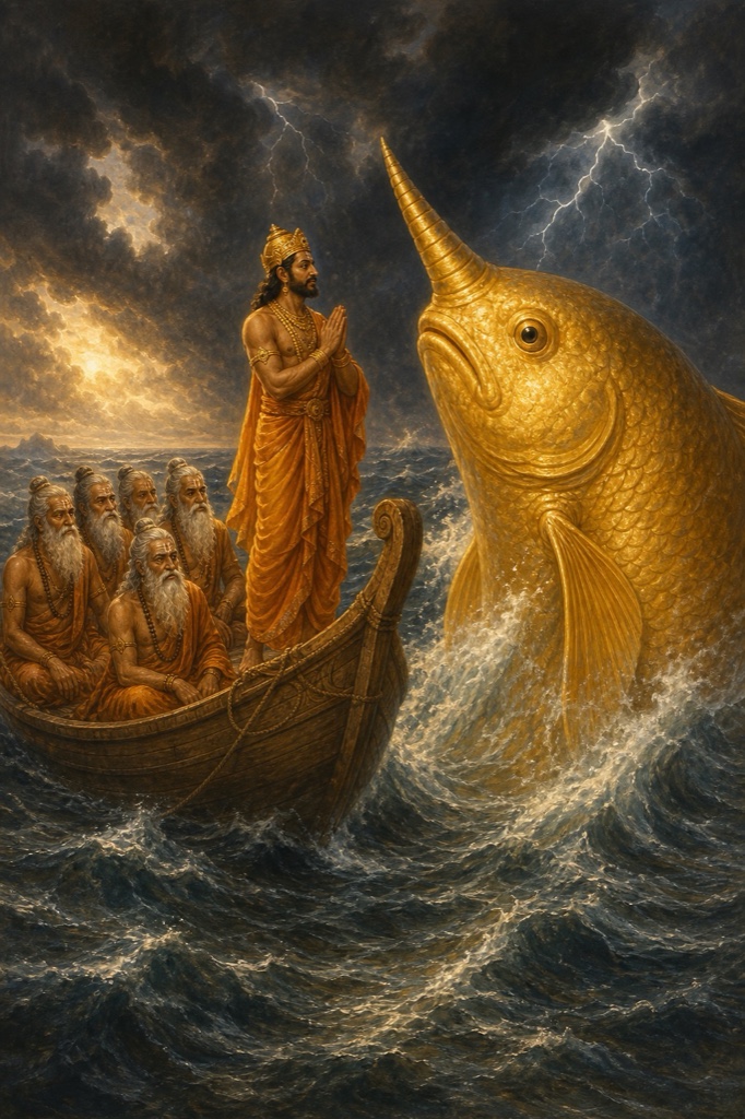 Painterly classical-Indian color scene: on an endless flood-ocean under storm-dark sky, a single boat floats; the water bursts open and a colossal golden Matsya, four lakh kos long and radiant like gold, rises with one great heavy horn on its head, waves circling its body as it draws near the lone boat.