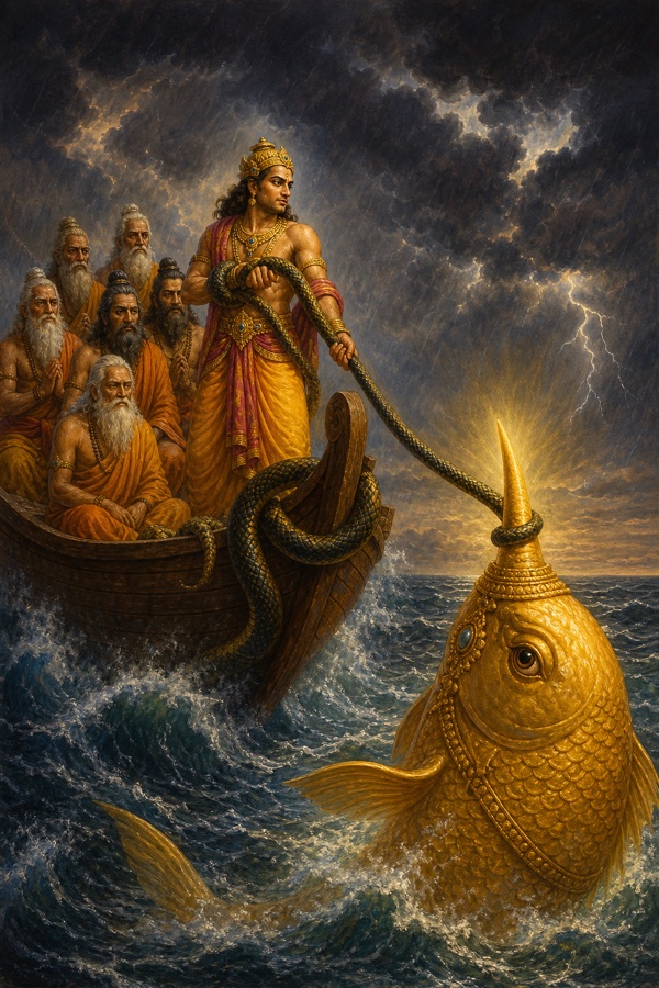 Painterly classical-Indian color scene: Satyavrata aboard the boat with the seven sages, using the great serpent Vasuki as a rope to tie one end of the boat to the golden Matsya's single horn while gripping the other end in his fist; the radiant horned fish poised to tow them across the deluge sea, storm clouds and rain above.