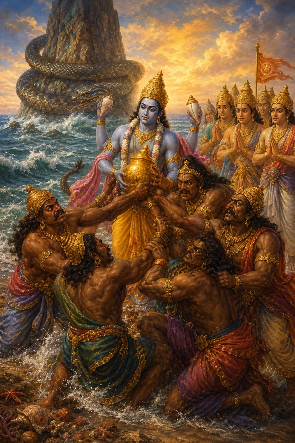 Painterly classical-Indian color illustration on the ocean-of-milk shore just after the churning: muscular dark-complexioned asuras lunge and snatch the golden amrita-kalasha away from Dhanvantari, the four-armed physician-form of Vishnu holding the nectar pot, while the asuras then grapple and wrestle each other for the vessel; gods stand aside watching anxiously, Mandara mountain and Vasuki the serpent faint in the background, jewel-tone palette, gold and turquoise sea.