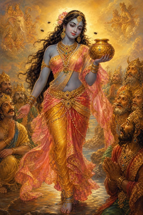 Lush classical-Indian color portrait of the newly manifested Mohini, a supremely beautiful young woman with dark blue-lotus (shyama) complexion, glittering jeweled earrings (mani-kundala) swinging at both ears, fine high nose and lovely cheeks, full bosom with a slender waist, tinkling anklets (nupura) on her feet, a few black bees hovering near her fragrant breath; she stands radiant and alluring, holding the amrita-kalasha; soft golden glow, rich ornaments, flowing silks.
